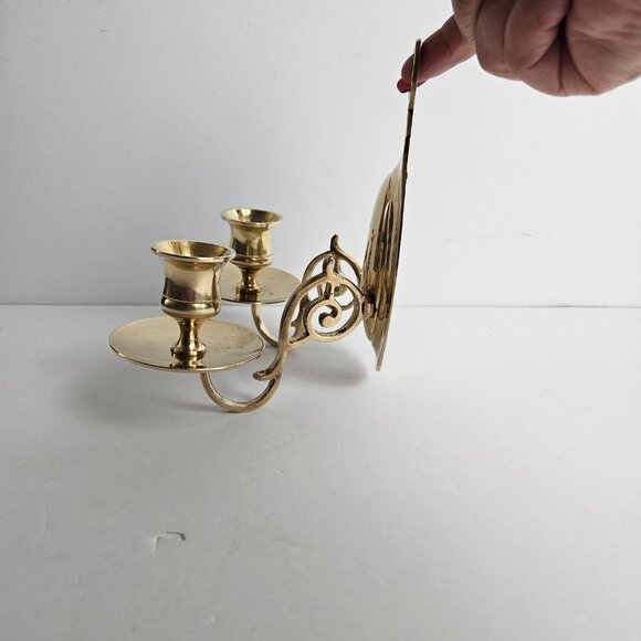 Vtg Solid Brass Candle Holder Double Ornate Scrolled Wall Sconce 6.25”t x 6.5"w - Picture 16 of 16